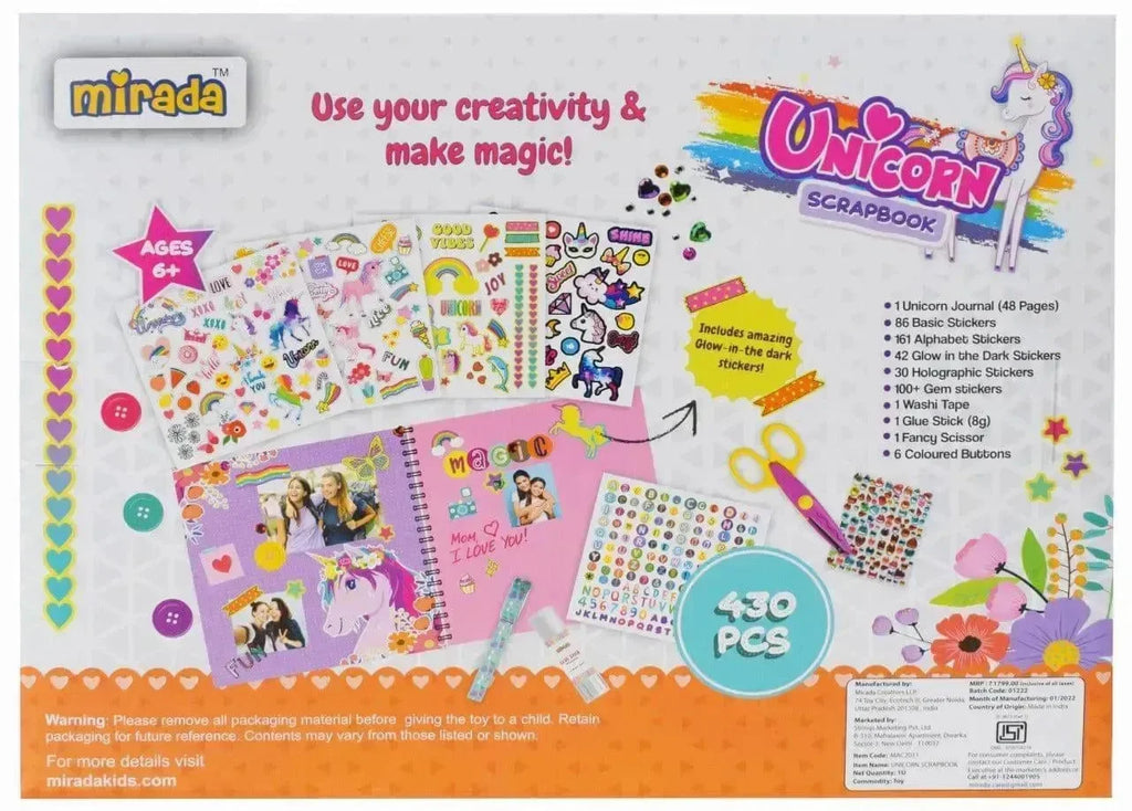 Mirada Unicorn Scrapbook Kit for Kids – 48-Page Spiral Bound Memory Book with 430+ Pieces – Stickers, Gems, Washi Tape, Glue & More – DIY Craft Activity Set for Girls - Naivri