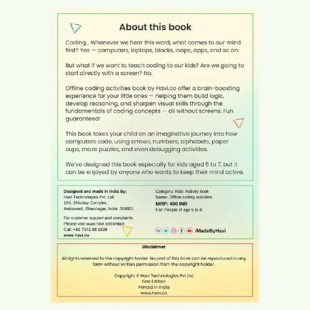 Offline coding activities book | Screenless coding activity book for kids of age 5 to 8 - Naivri