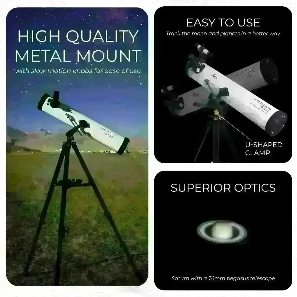Pie Matrix Pegasus 76700 Newtonian Reflector Telescope with 235x Ultra HD Zoom – Fully Coated Optics, Alt-AZ Mount & Tripod – Ideal for Moon, Saturn Rings, Planets & Deep Sky Viewing - Naivri