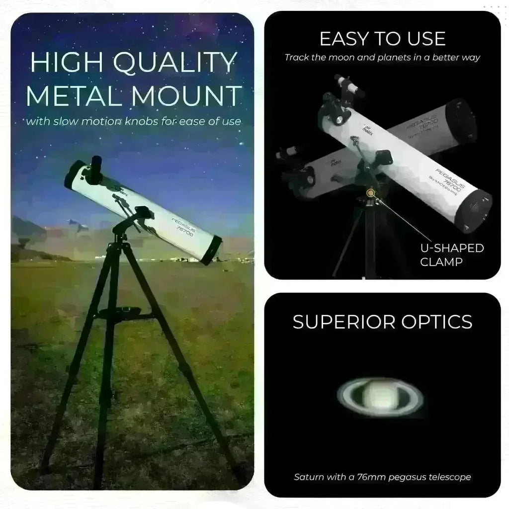 Pie Matrix Pegasus 76700 Newtonian Reflector Telescope with 235x Ultra HD Zoom – Fully Coated Optics, Alt-AZ Mount & Tripod – Ideal for Moon, Saturn Rings, Planets & Deep Sky Viewing - Naivri