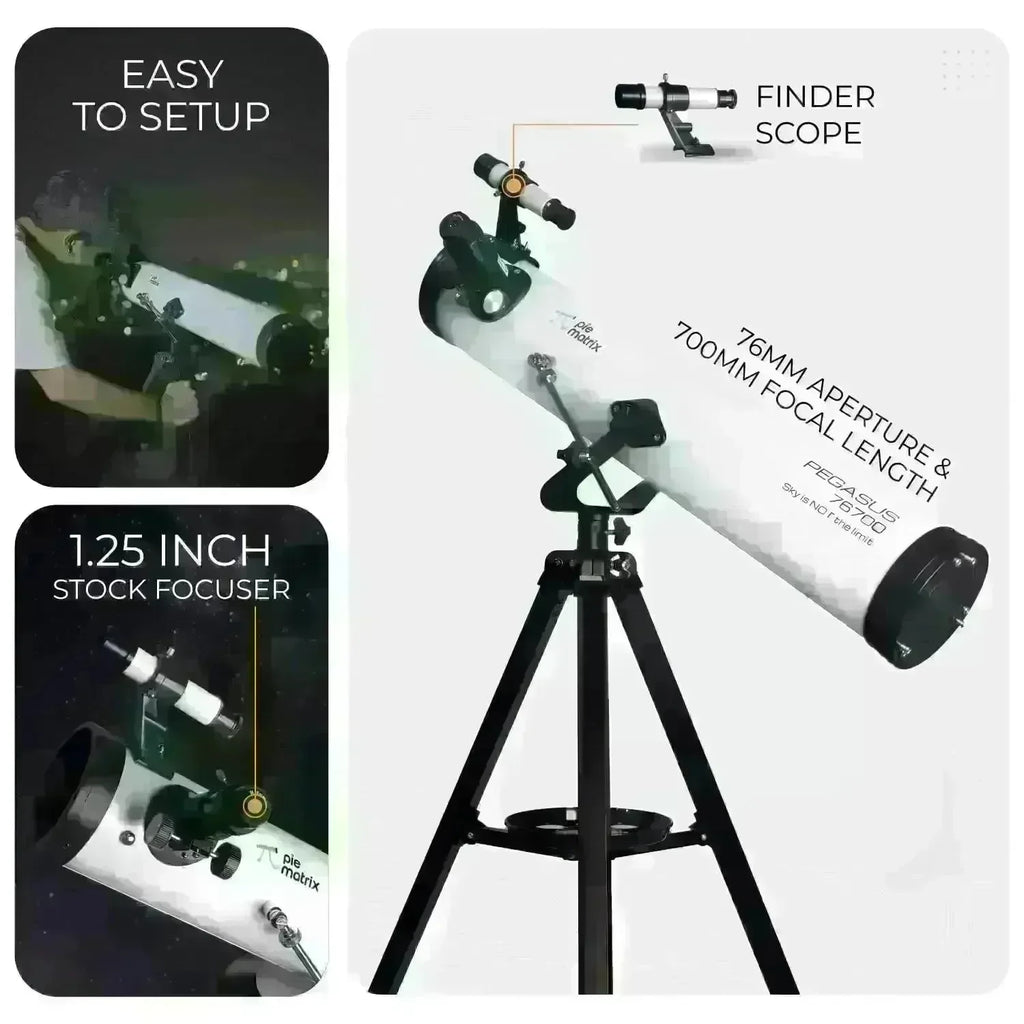 Pie Matrix Pegasus 76700 Newtonian Reflector Telescope with 235x Ultra HD Zoom – Fully Coated Optics, Alt-AZ Mount & Tripod – Ideal for Moon, Saturn Rings, Planets & Deep Sky Viewing - Naivri