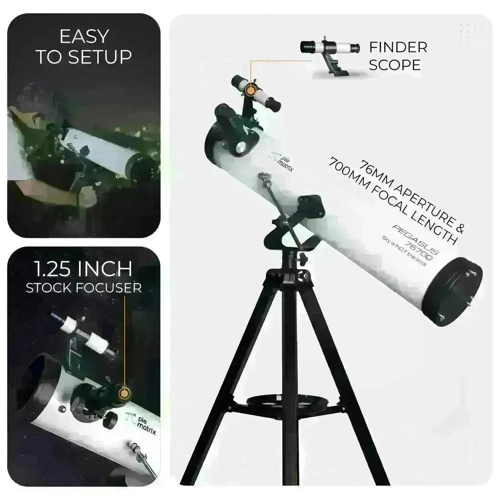 Pie Matrix Pegasus 76700 Newtonian Reflector Telescope with 235x Ultra HD Zoom – Fully Coated Optics, Alt-AZ Mount & Tripod – Ideal for Moon, Saturn Rings, Planets & Deep Sky Viewing - Naivri