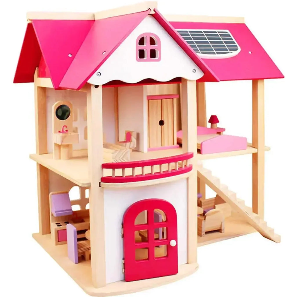Pink Wooden Doll House Playset with Furniture Pieces | Miniature Pretend Play House for Children - Naivri