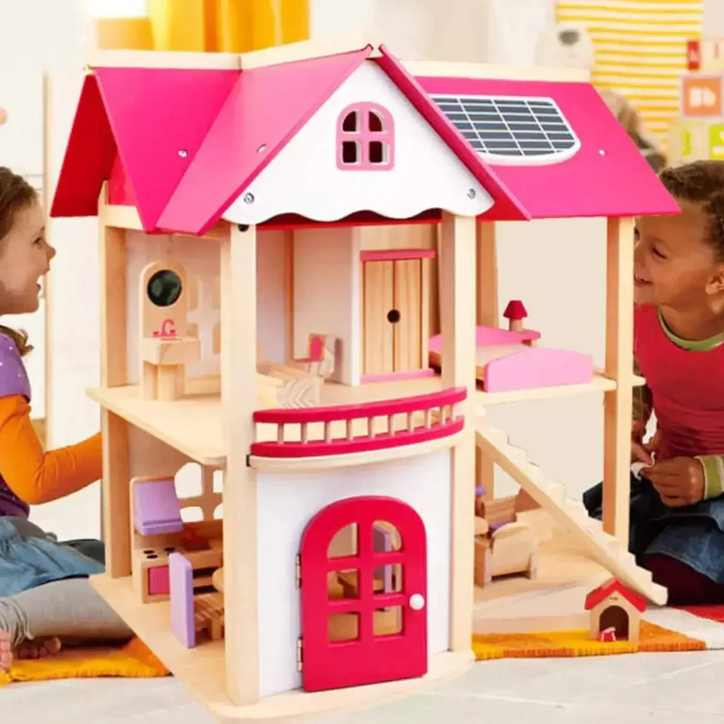 Pink Wooden Doll House Playset with Furniture Pieces | Miniature Pretend Play House for Children - Naivri