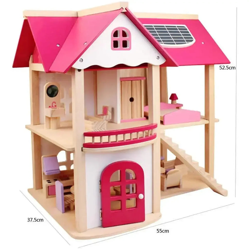 Pink Wooden Doll House Playset with Furniture Pieces | Miniature Pretend Play House for Children - Naivri