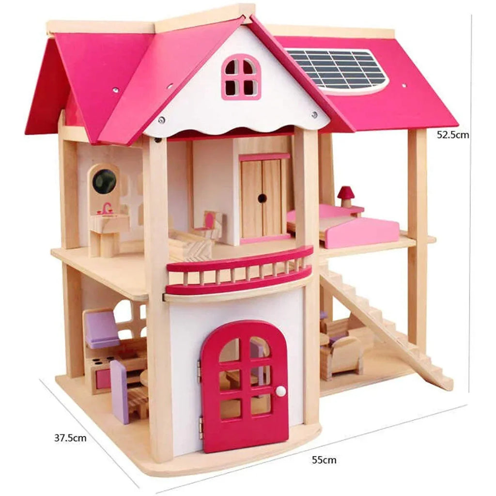 Pink Wooden Doll House Playset with Furniture Pieces | Miniature Pretend Play House for Children - Naivri