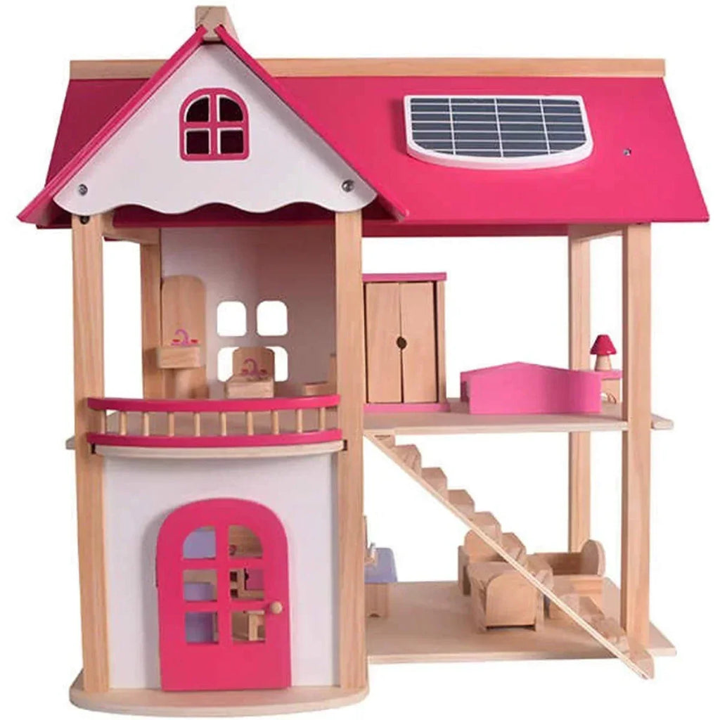 Pink Wooden Doll House Playset with Furniture Pieces | Miniature Pretend Play House for Children - Naivri