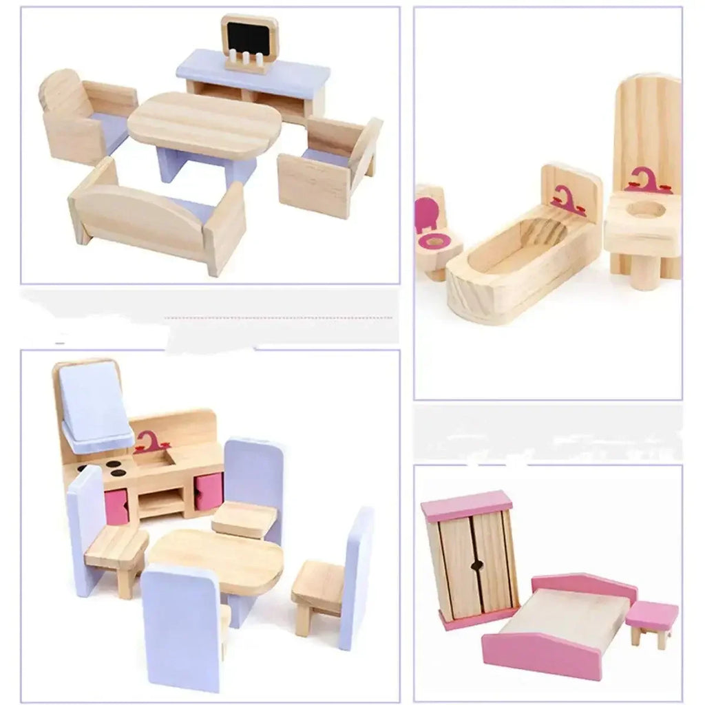 Pink Wooden Doll House Playset with Furniture Pieces | Miniature Pretend Play House for Children - Naivri