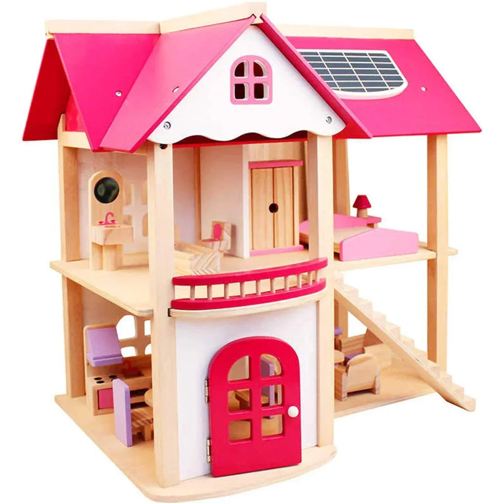 Pink Wooden Doll House Playset with Furniture Pieces | Miniature Pretend Play House for Children - Naivri