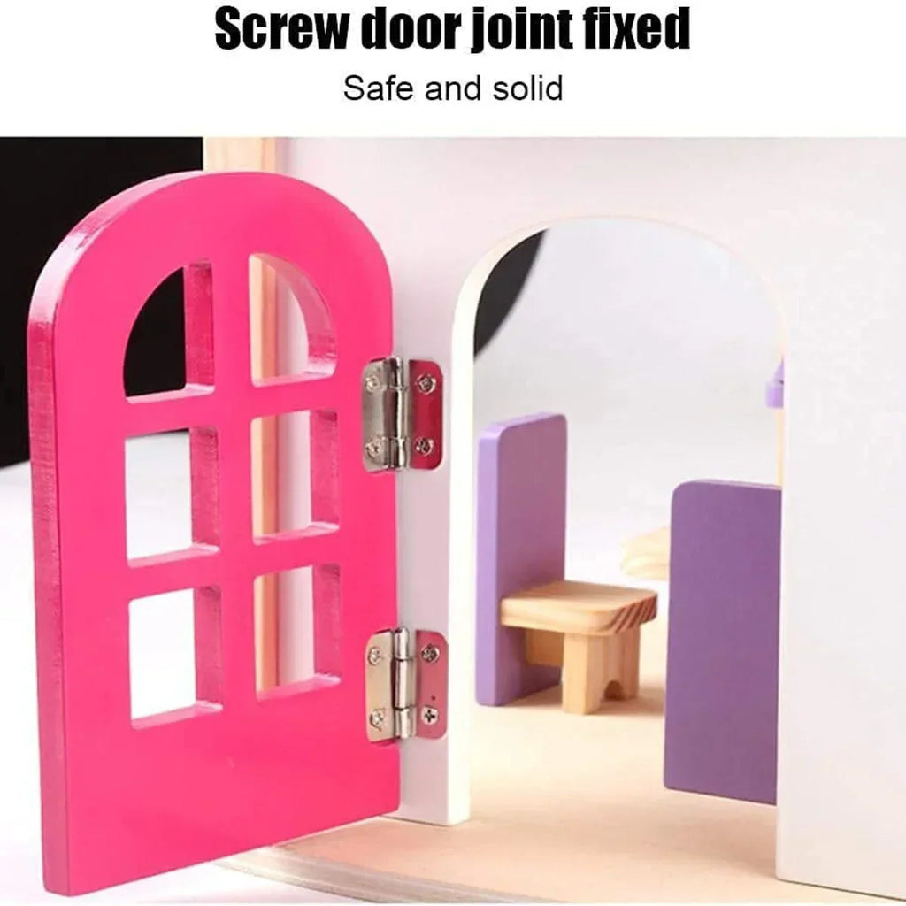 Pink Wooden Doll House Playset with Furniture Pieces | Miniature Pretend Play House for Children - Naivri