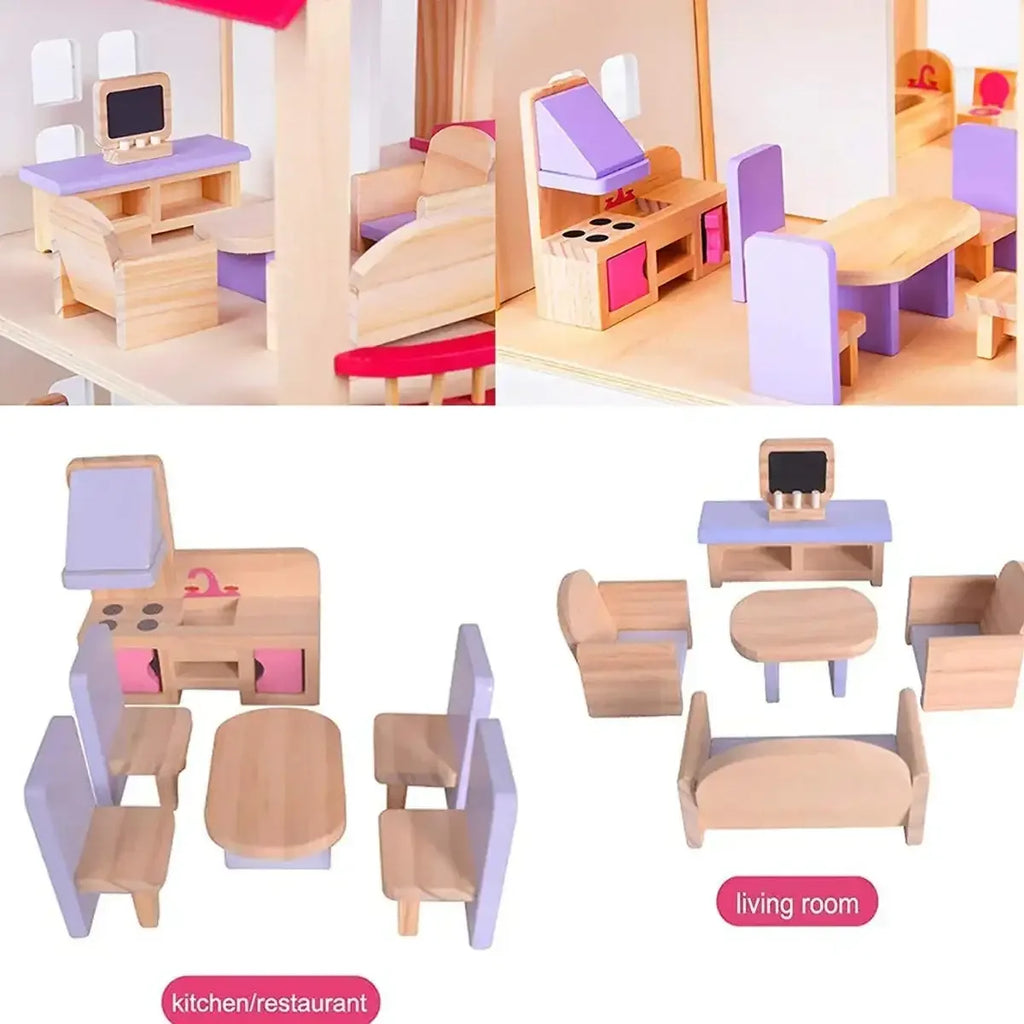 Pink Wooden Doll House Playset with Furniture Pieces | Miniature Pretend Play House for Children - Naivri