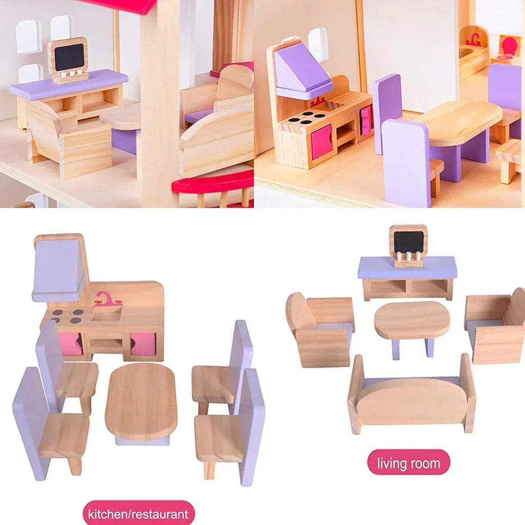 Pink Wooden Doll House Playset with Furniture Pieces | Miniature Pretend Play House for Children - Naivri