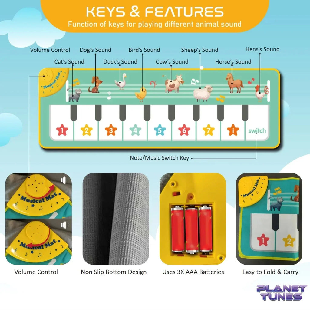 PLANETTUNES 3 in 1 Rock N Roll Piano Playmat for Kids 3 Years+ | Musical Piano, Animal Sounds & Melody Tunes - Naivri