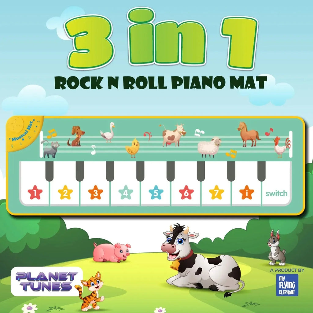 PLANETTUNES 3 in 1 Rock N Roll Piano Playmat for Kids 3 Years+ | Musical Piano, Animal Sounds & Melody Tunes - Naivri