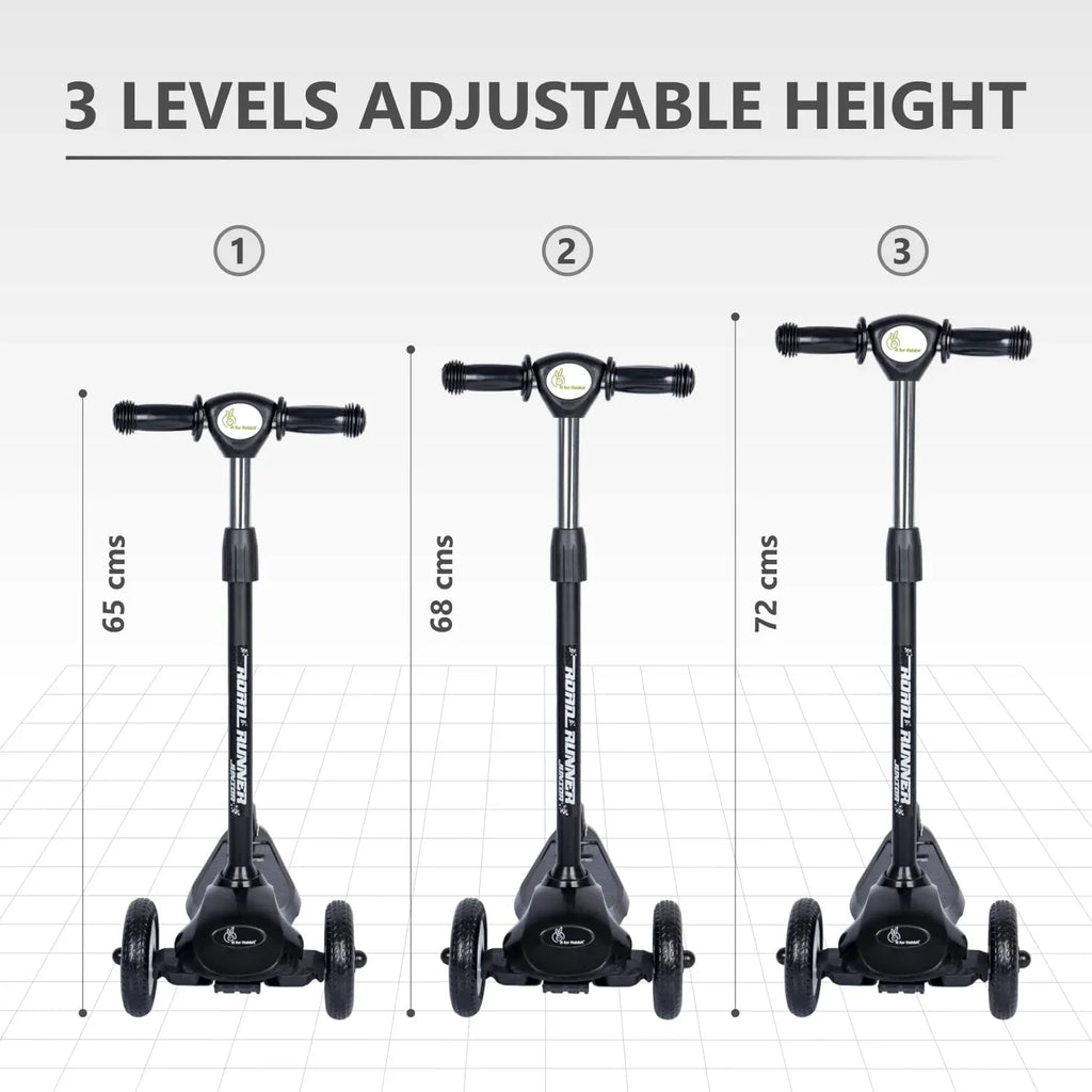 R for Rabbit Road Runner Ryder Kick Scooter for Kids | 3-Level Adjustable Height, PU LED Wheels, Rear Brake | Age 3+ | Upto 50kg Capacity | Lightweight & Durable - Naivri