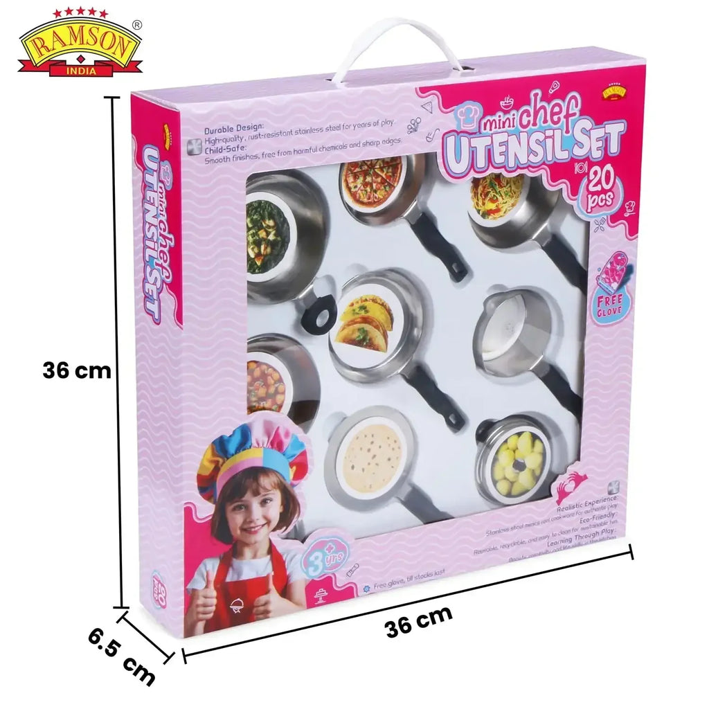 Ramson India Mini Chef Kids’ Utensil Playset – 20-Piece Pretend Cooking Kit with Free Gloves (3 Years+) - Naivri