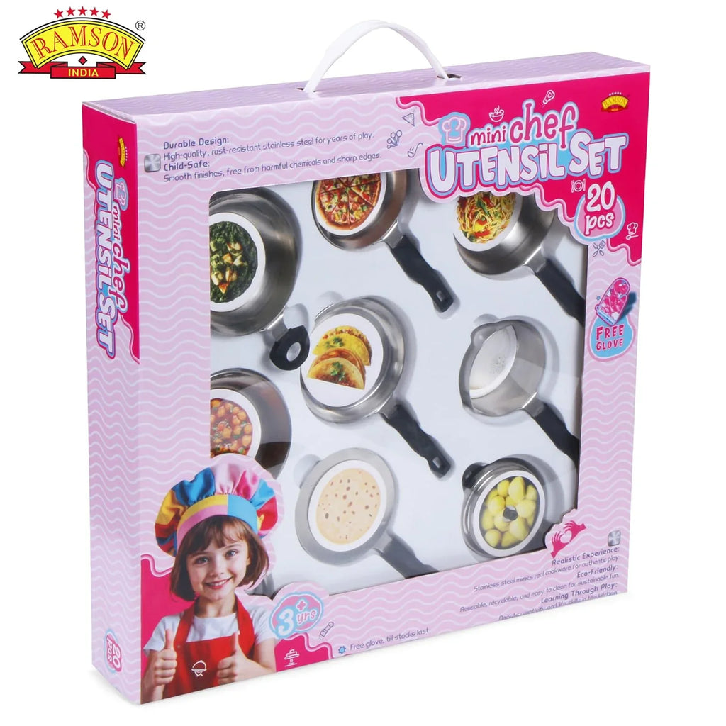 Ramson India Mini Chef Kids’ Utensil Playset – 20-Piece Pretend Cooking Kit with Free Gloves (3 Years+) - Naivri