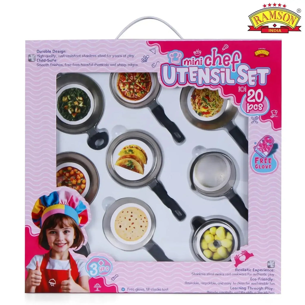 Ramson India Mini Chef Kids’ Utensil Playset – 20-Piece Pretend Cooking Kit with Free Gloves (3 Years+) - Naivri