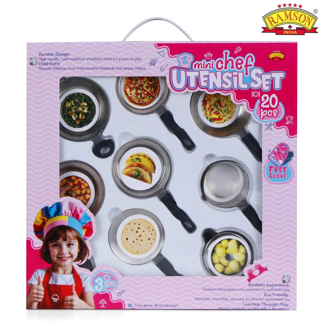 Ramson India Mini Chef Kids’ Utensil Playset – 20-Piece Pretend Cooking Kit with Free Gloves (3 Years+) - Naivri