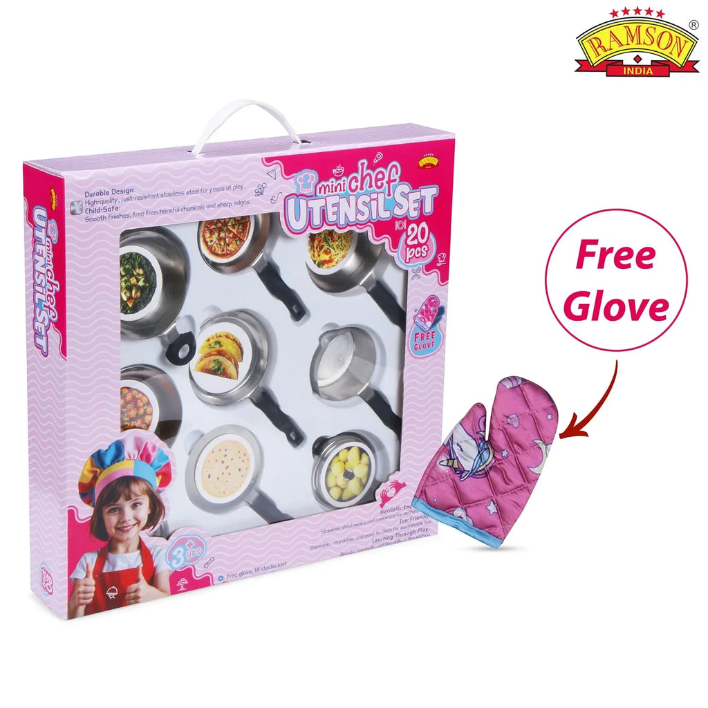 Ramson India Mini Chef Kids’ Utensil Playset – 20-Piece Pretend Cooking Kit with Free Gloves (3 Years+) - Naivri