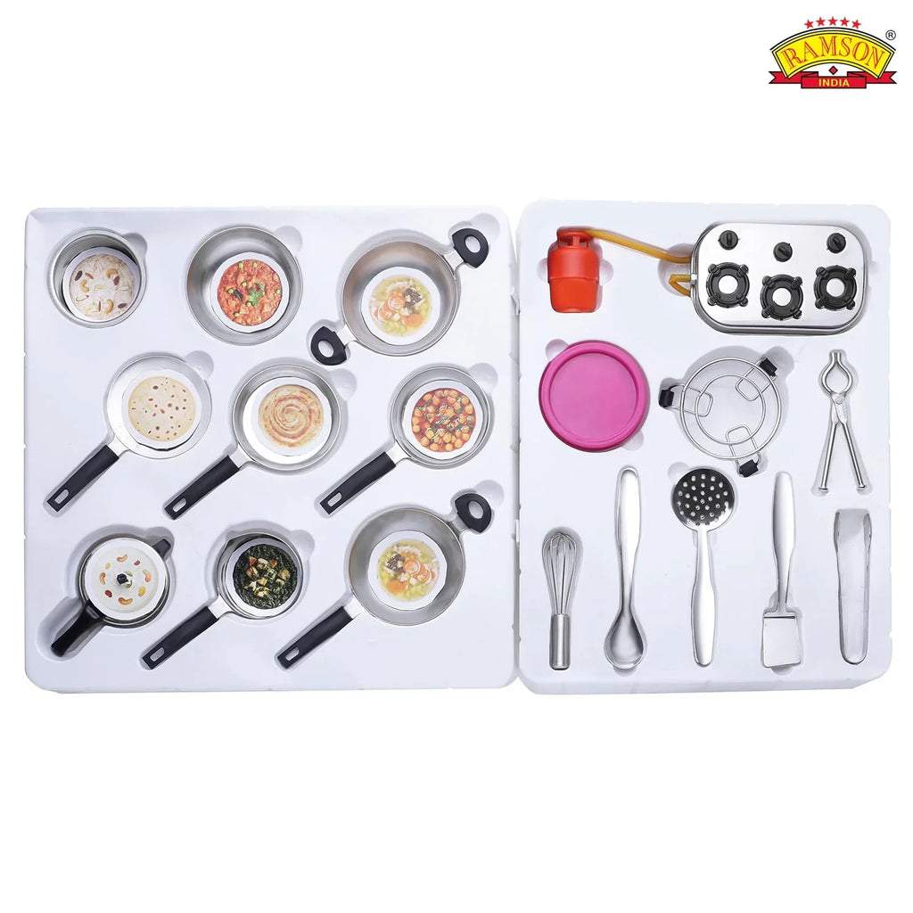 Ramson India Stainless Steel Kids’ Kitchen Playset – 101-Piece Pretend Cooking Set with Apron & Chef Hat (3 Years+) - Naivri