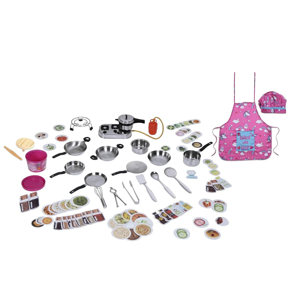 Ramson India Stainless Steel Kids’ Kitchen Playset – 101-Piece Pretend Cooking Set with Apron & Chef Hat (3 Years+) - Naivri
