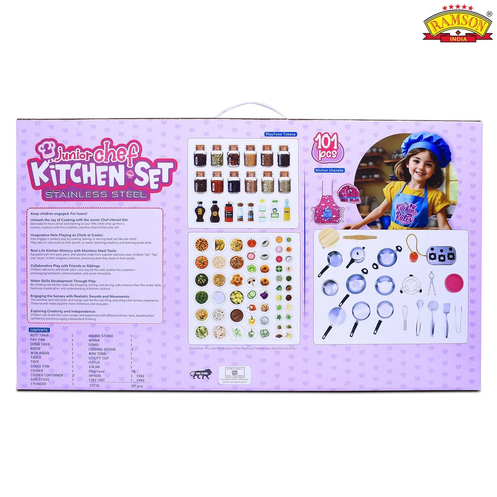 Ramson India Stainless Steel Kids’ Kitchen Playset – 101-Piece Pretend Cooking Set with Apron & Chef Hat (3 Years+) - Naivri