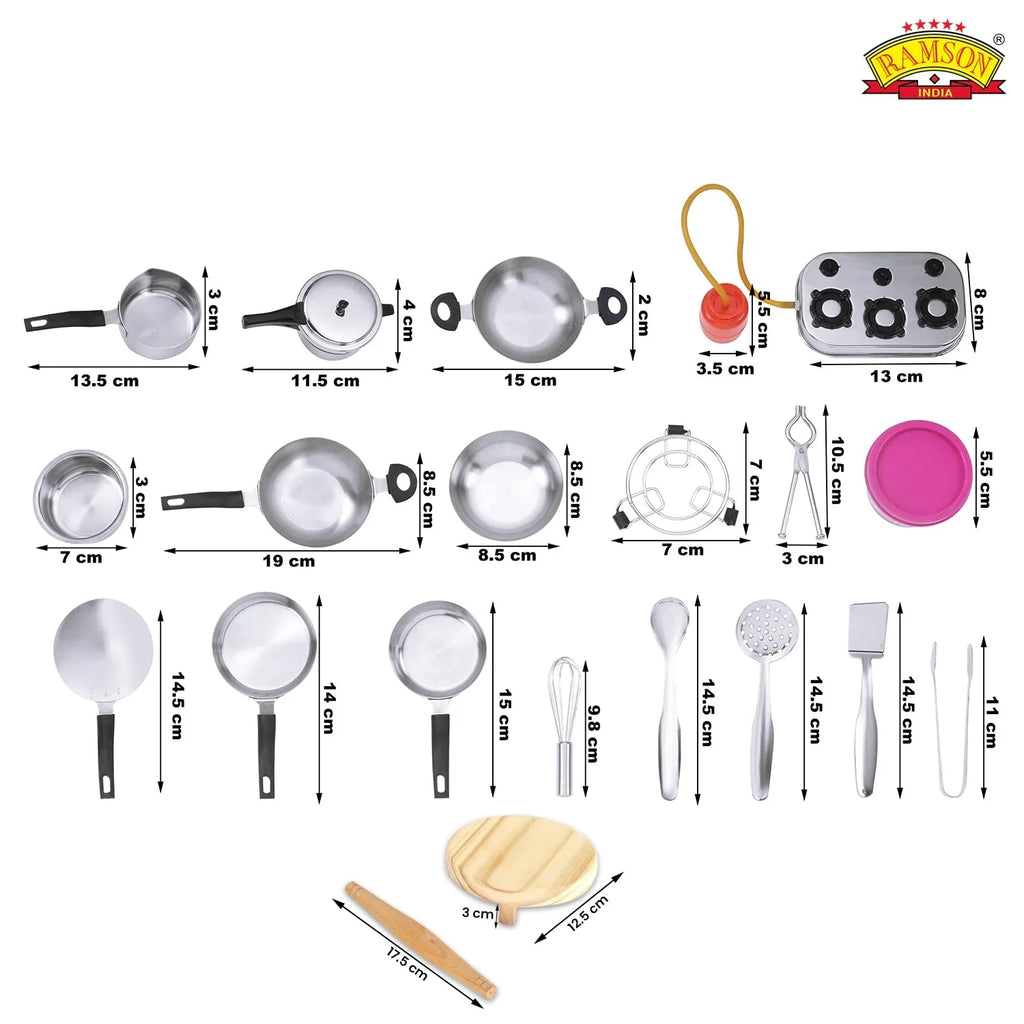 Ramson India Stainless Steel Kids’ Kitchen Playset – 101-Piece Pretend Cooking Set with Apron & Chef Hat (3 Years+) - Naivri