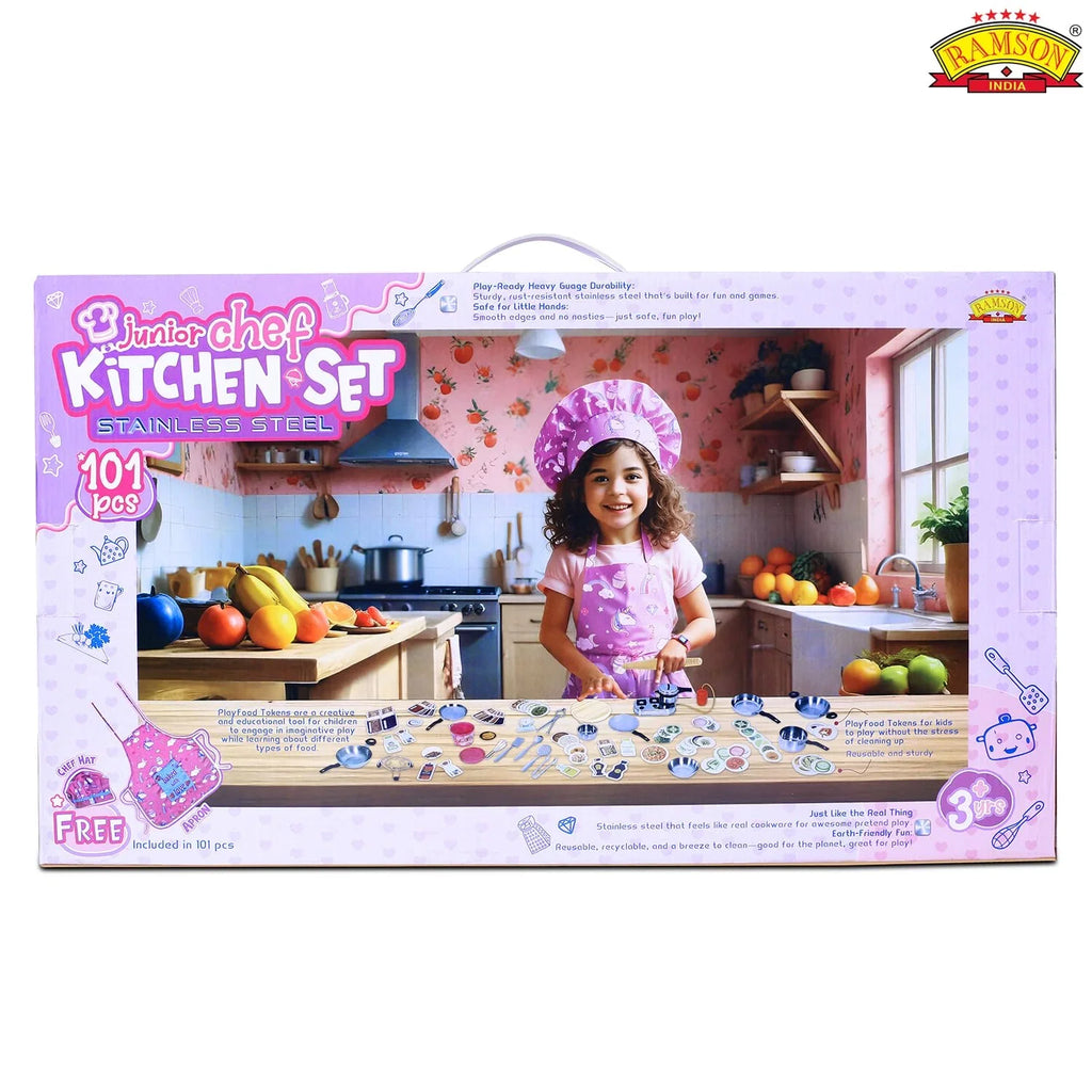 Ramson India Stainless Steel Kids’ Kitchen Playset – 101-Piece Pretend Cooking Set with Apron & Chef Hat (3 Years+) - Naivri