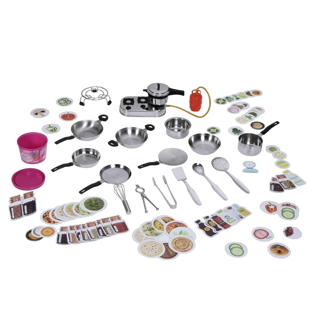 Ramson India Stainless Steel Kids’ Kitchen Playset – 101-Piece Pretend Cooking Set with Apron & Chef Hat (3 Years+) - Naivri