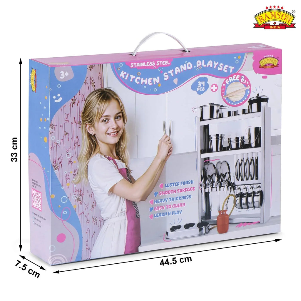 Ramson India Stainless Steel Kids’ Kitchen Playset – 34-Piece Pretend Cooking Set with Free Rolling Pin & Board (3 Years+) - Naivri