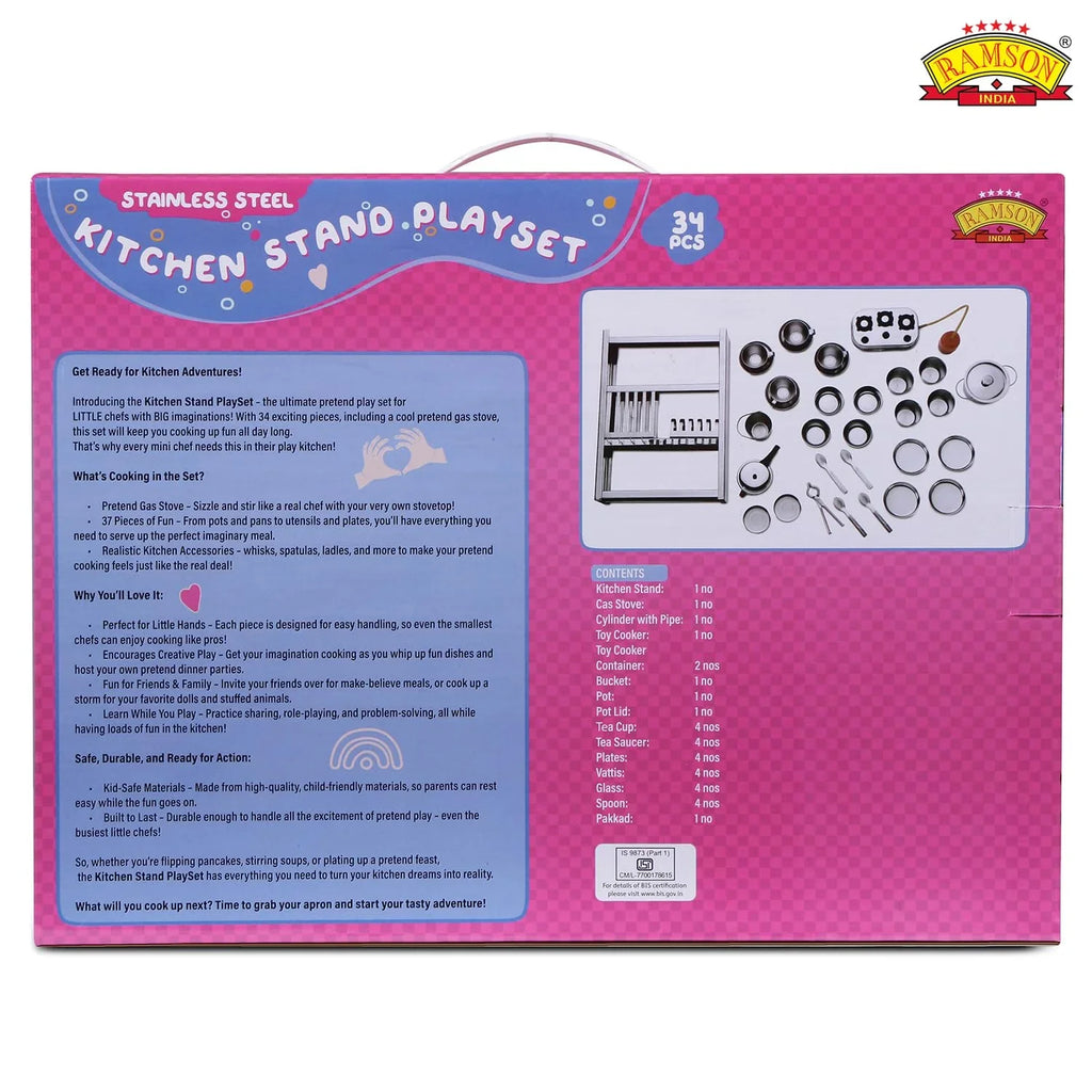 Ramson India Stainless Steel Kids’ Kitchen Playset – 34-Piece Pretend Cooking Set with Free Rolling Pin & Board (3 Years+) - Naivri