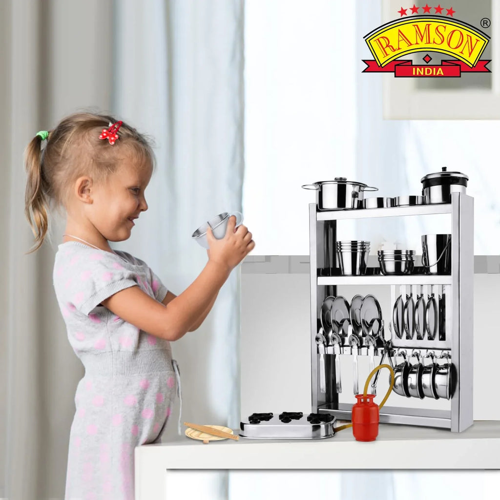 Ramson India Stainless Steel Kids’ Kitchen Playset – 34-Piece Pretend Cooking Set with Free Rolling Pin & Board (3 Years+) - Naivri