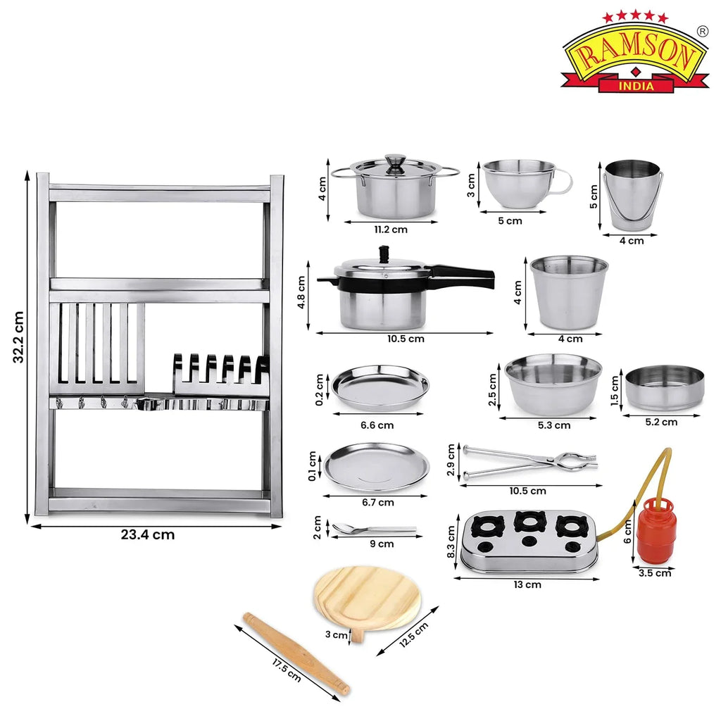 Ramson India Stainless Steel Kids’ Kitchen Playset – 34-Piece Pretend Cooking Set with Free Rolling Pin & Board (3 Years+) - Naivri