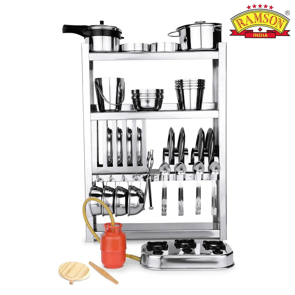 Ramson India Stainless Steel Kids’ Kitchen Playset – 34-Piece Pretend Cooking Set with Free Rolling Pin & Board (3 Years+) - Naivri