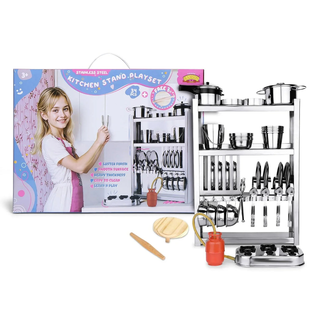 Ramson India Stainless Steel Kids’ Kitchen Playset – 34-Piece Pretend Cooking Set with Free Rolling Pin & Board (3 Years+) - Naivri