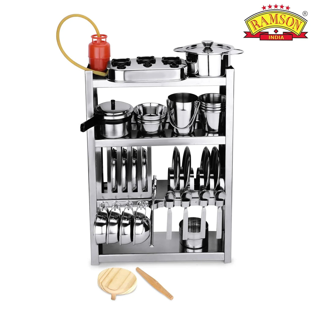 Ramson India Stainless Steel Kids’ Kitchen Playset – 34-Piece Pretend Cooking Set with Free Rolling Pin & Board (3 Years+) - Naivri