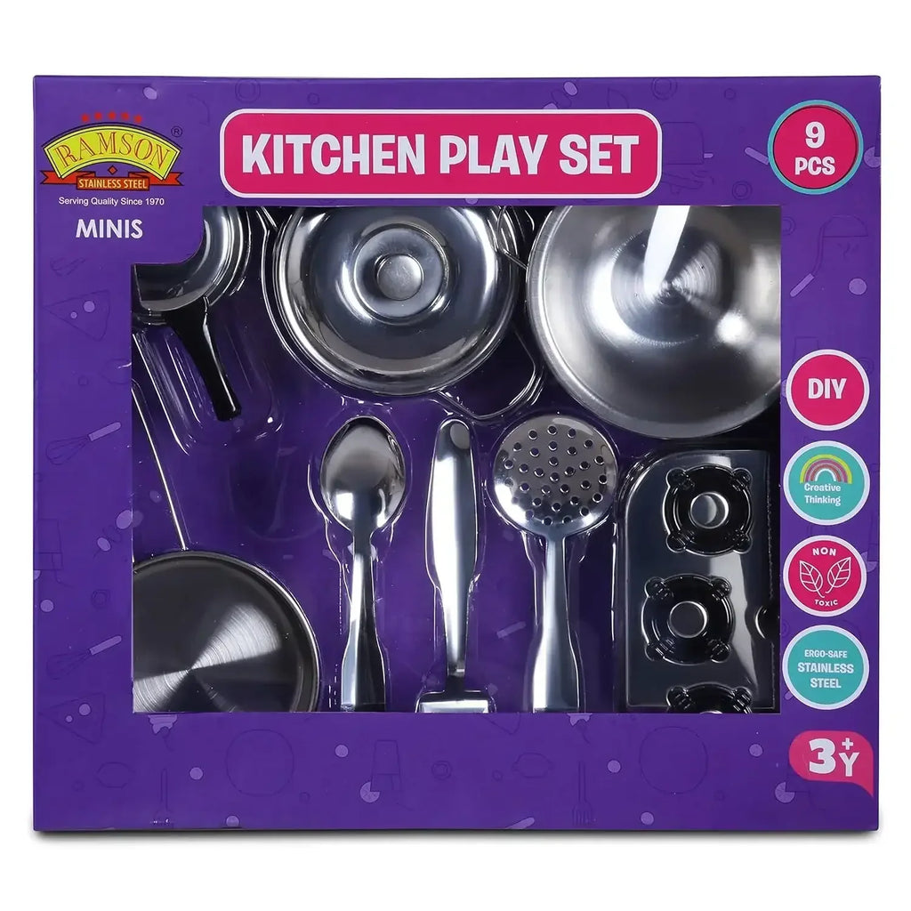 Ramson India Stainless Steel Mini Kitchen Playset – 9-Piece Pretend Cooking Set for Kids (3+ Years) - Naivri