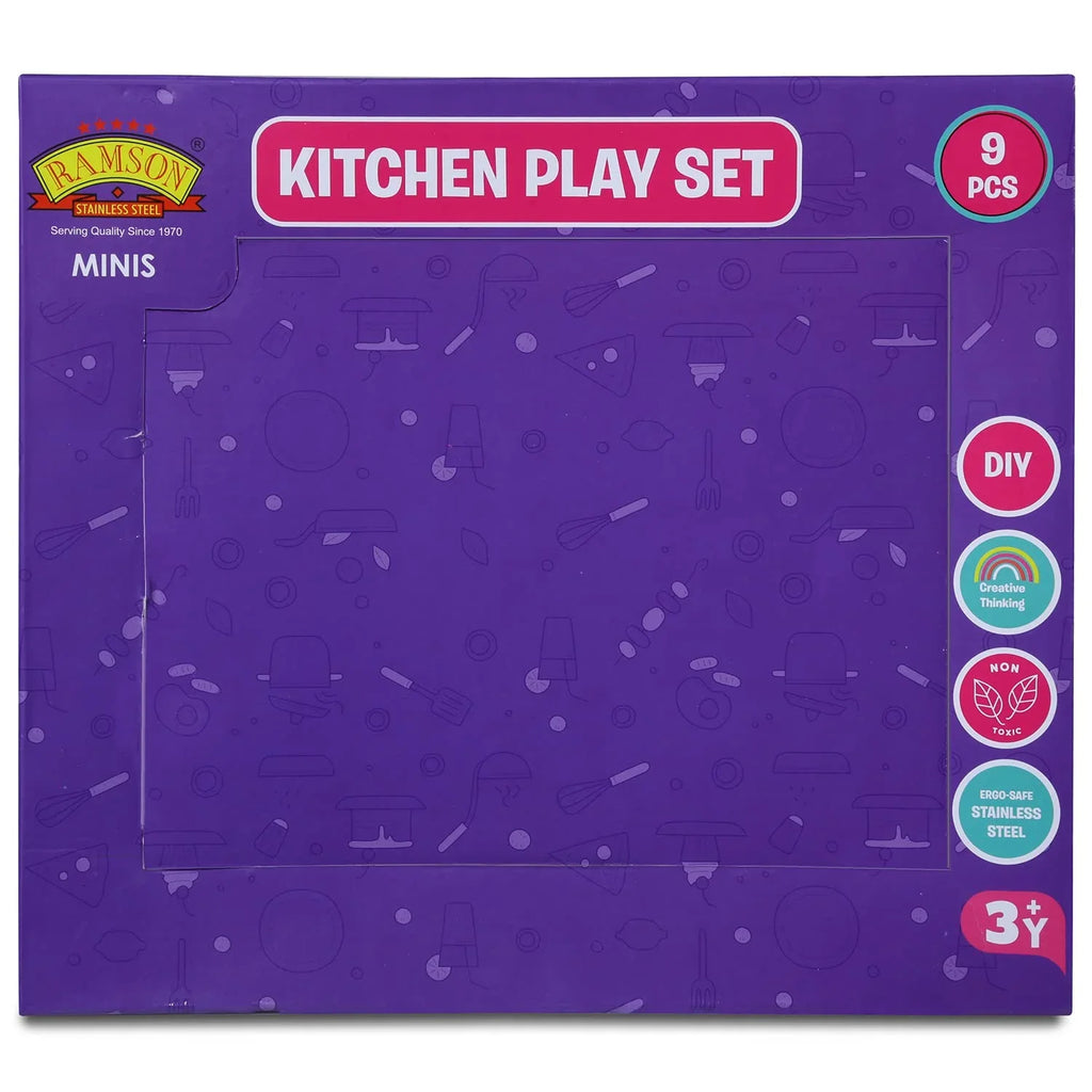 Ramson India Stainless Steel Mini Kitchen Playset – 9-Piece Pretend Cooking Set for Kids (3+ Years) - Naivri