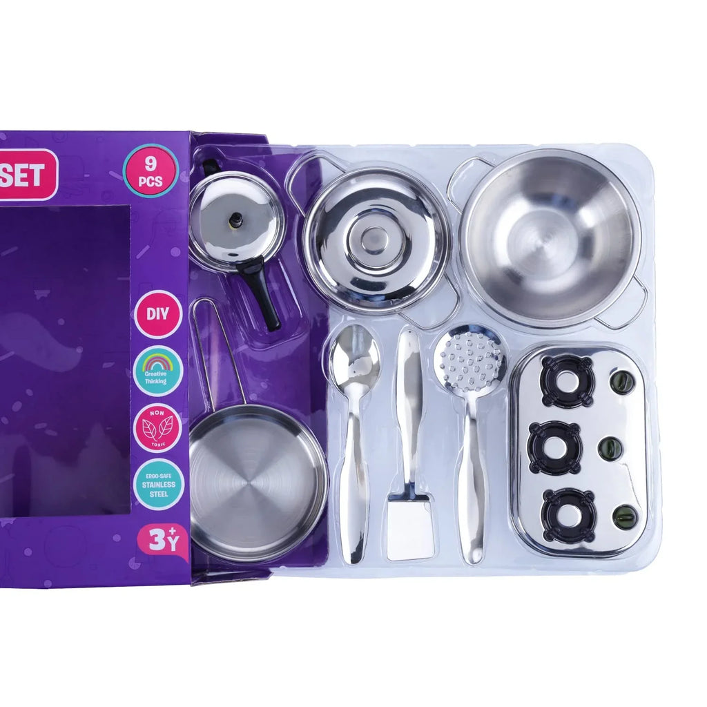 Ramson India Stainless Steel Mini Kitchen Playset – 9-Piece Pretend Cooking Set for Kids (3+ Years) - Naivri