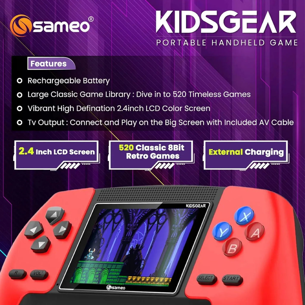 Sameo Kids Gear Handheld Console – Graphite Grey | Retro Gaming Device with 520 Built-in Games, High-Resolution Display & Gamepad Style - Naivri