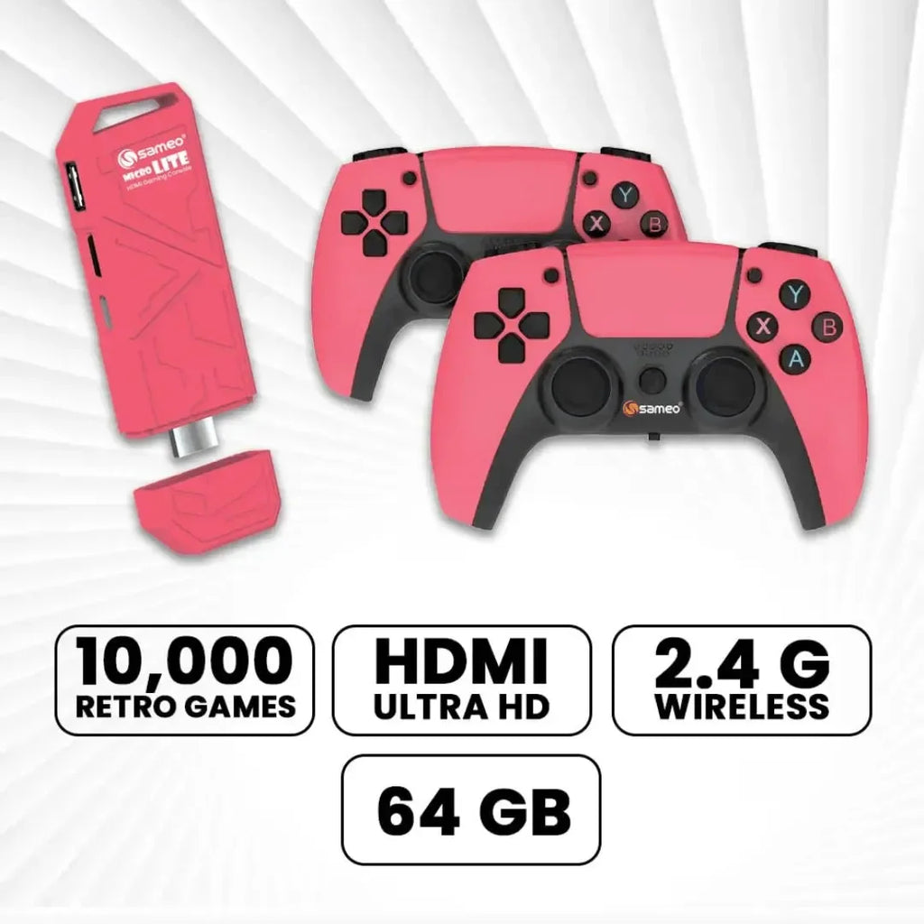 Sameo Micro Lite HDMI Game Stick – 10,000 Built-in Retro Games | 4K Ultra HD | Dual Wireless Controllers | Red - Naivri