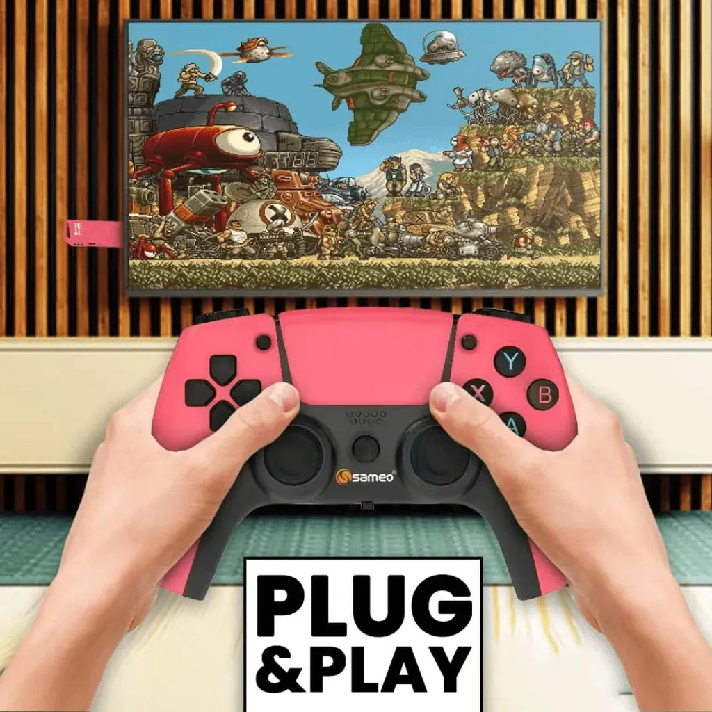 Sameo Micro Lite HDMI Game Stick – 10,000 Built-in Retro Games | 4K Ultra HD | Dual Wireless Controllers | Red - Naivri