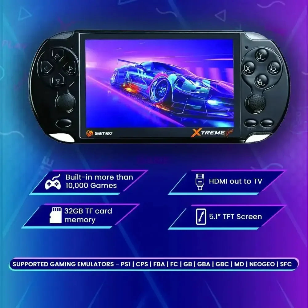 Sameo Xtreme Pro Handheld Game Black | 8-64 Bit Emulators | 32GB Memory | HDMI Connectivity | Multimedia Support - Naivri