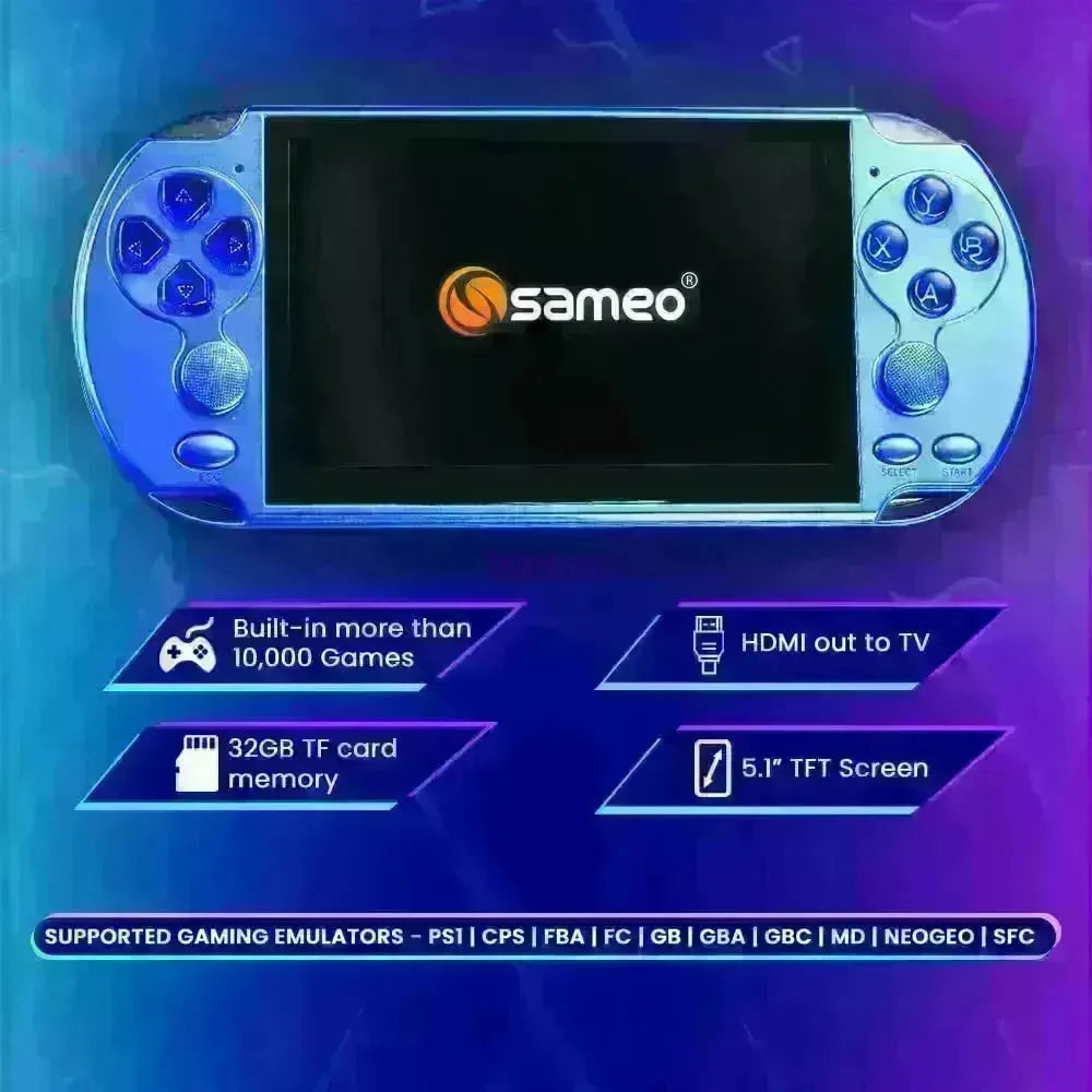 Sameo XTREME Pro Handheld Game Console with 10,000+ Preloaded Classic Games, Long Battery Life, TV Connectivity via AV Cable, Portable Retro Gaming Device in Blue - Naivri