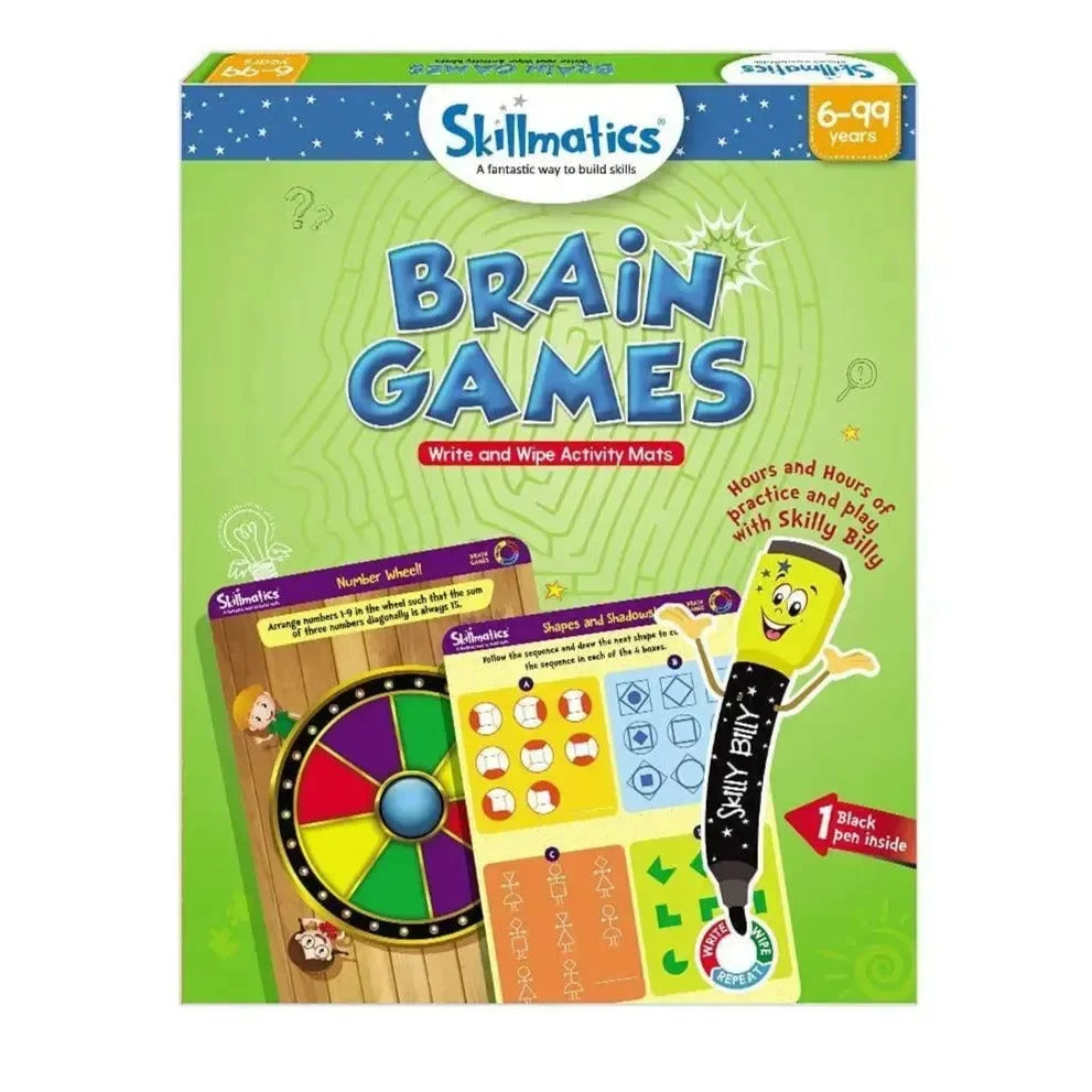 Skillmatics Brain Games – Reusable Activity Mats for Kids | 6 Double-Sided Mats with Marker, Duster & Certificate | Fun Learning Toy for Ages 6–9 | Educational Gift - Naivri