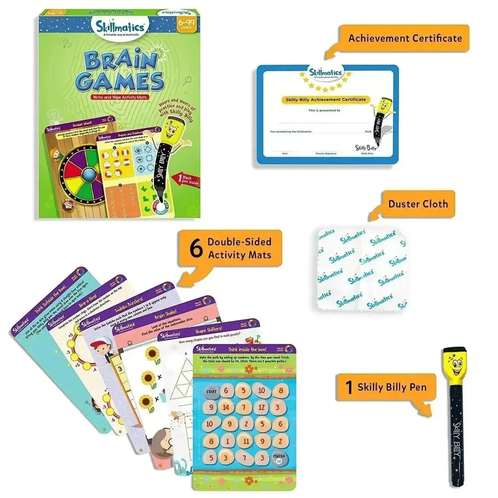 Skillmatics Brain Games – Reusable Activity Mats for Kids | 6 Double-Sided Mats with Marker, Duster & Certificate | Fun Learning Toy for Ages 6–9 | Educational Gift - Naivri