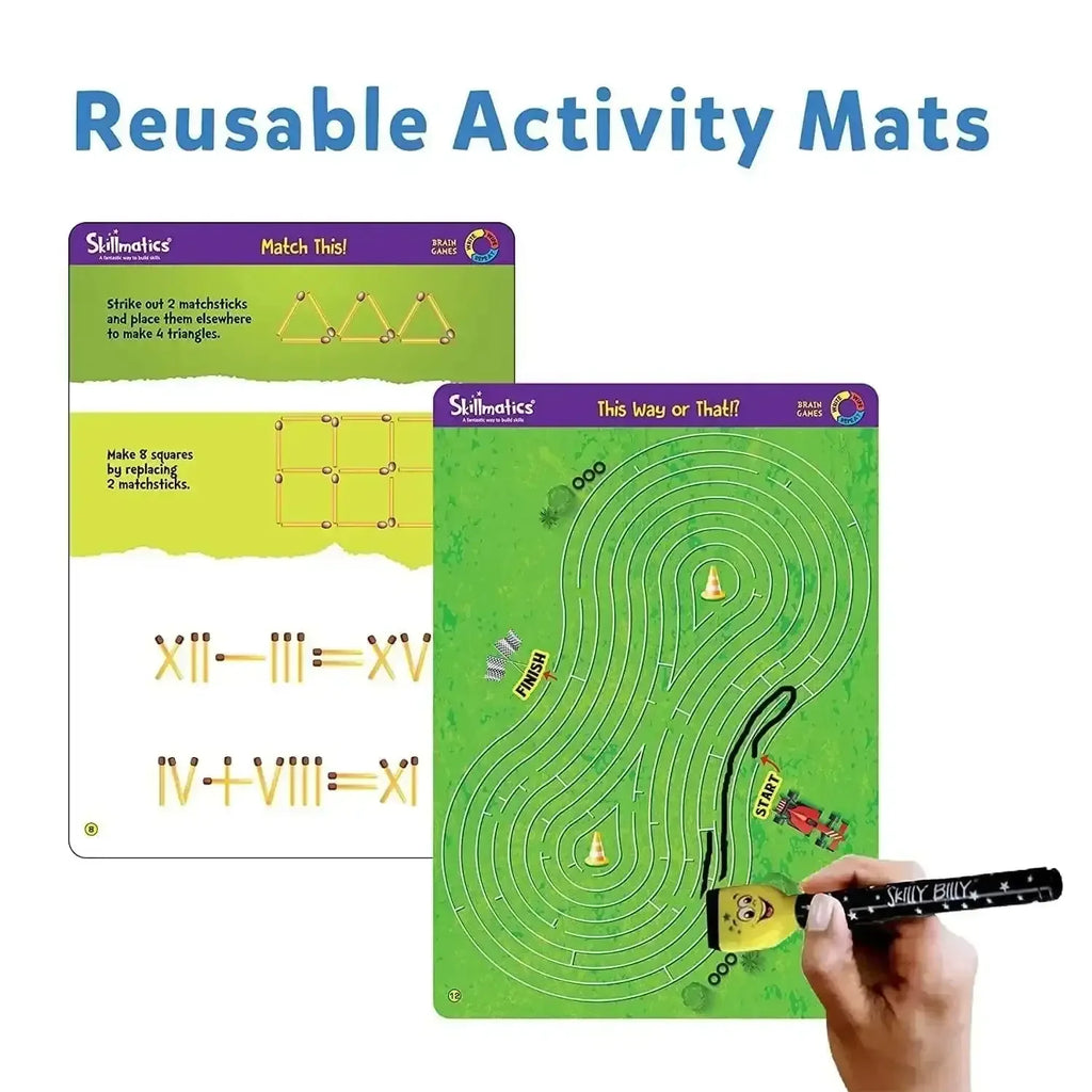 Skillmatics Brain Games – Reusable Activity Mats for Kids | 6 Double-Sided Mats with Marker, Duster & Certificate | Fun Learning Toy for Ages 6–9 | Educational Gift - Naivri