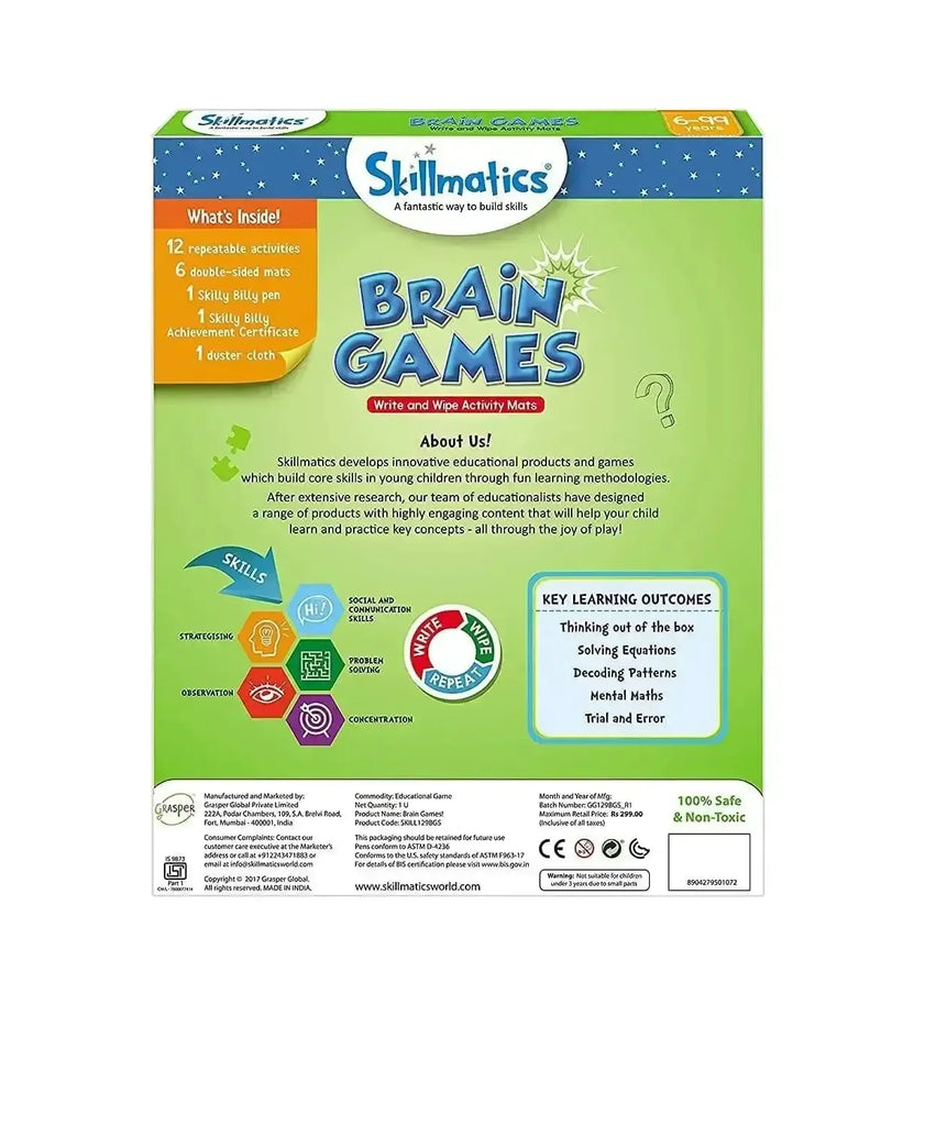 Skillmatics Brain Games – Reusable Activity Mats for Kids | 6 Double-Sided Mats with Marker, Duster & Certificate | Fun Learning Toy for Ages 6–9 | Educational Gift - Naivri