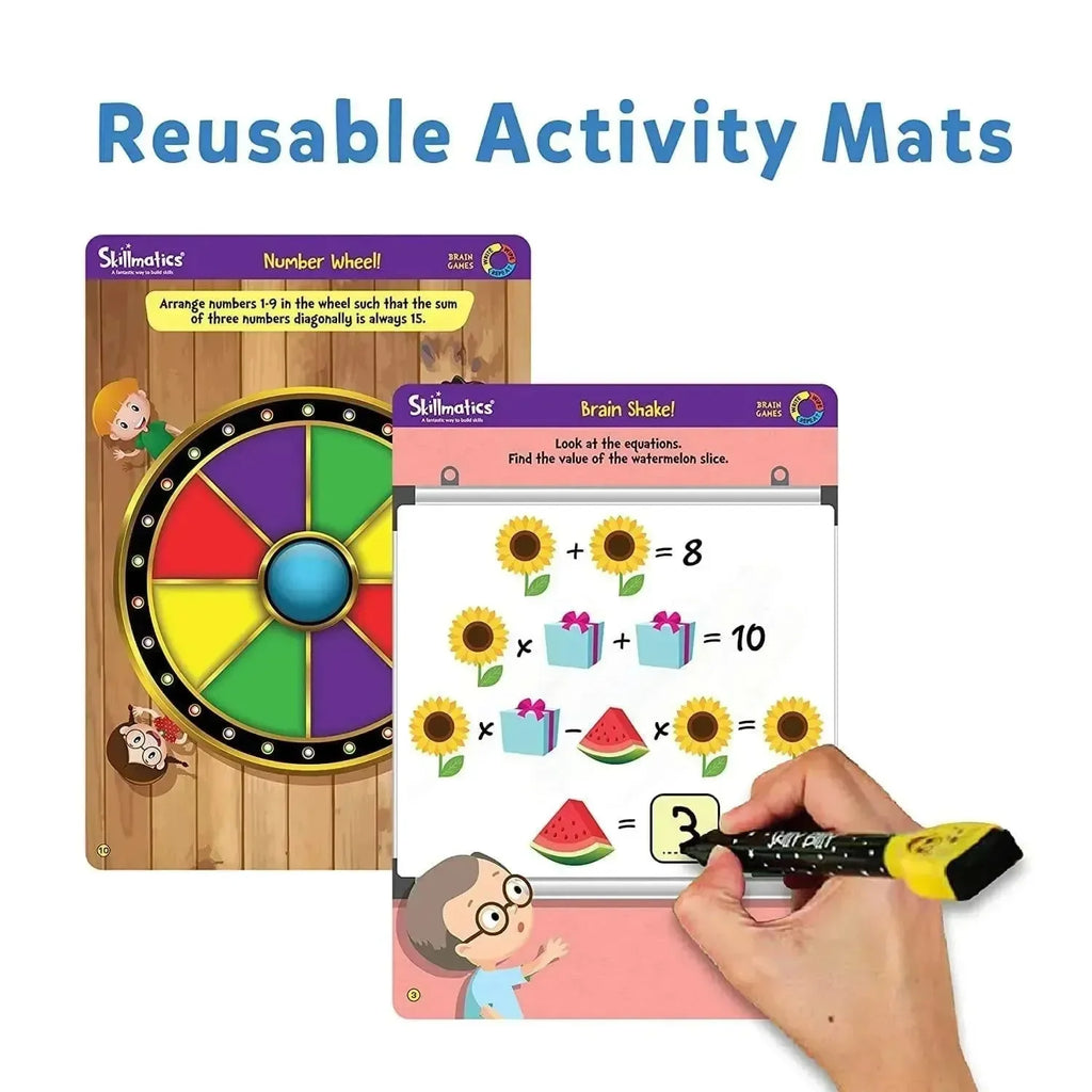 Skillmatics Brain Games – Reusable Activity Mats for Kids | 6 Double-Sided Mats with Marker, Duster & Certificate | Fun Learning Toy for Ages 6–9 | Educational Gift - Naivri
